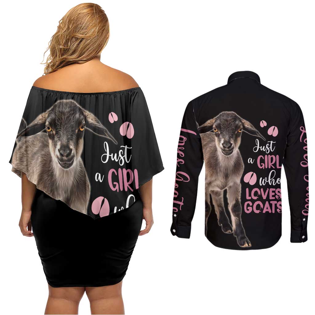 Who Loves Goat Just A Girl Christmas Trees Christmas Christmas Couples Matching Off Shoulder Short Dress and Long Sleeve Button Shirt Xmas Holiday Patterns - Wonder Print Shop