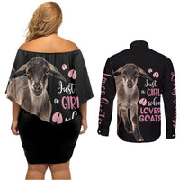 Who Loves Goat Just A Girl Christmas Trees Christmas Christmas Couples Matching Off Shoulder Short Dress and Long Sleeve Button Shirt Xmas Holiday Patterns - Wonder Print Shop
