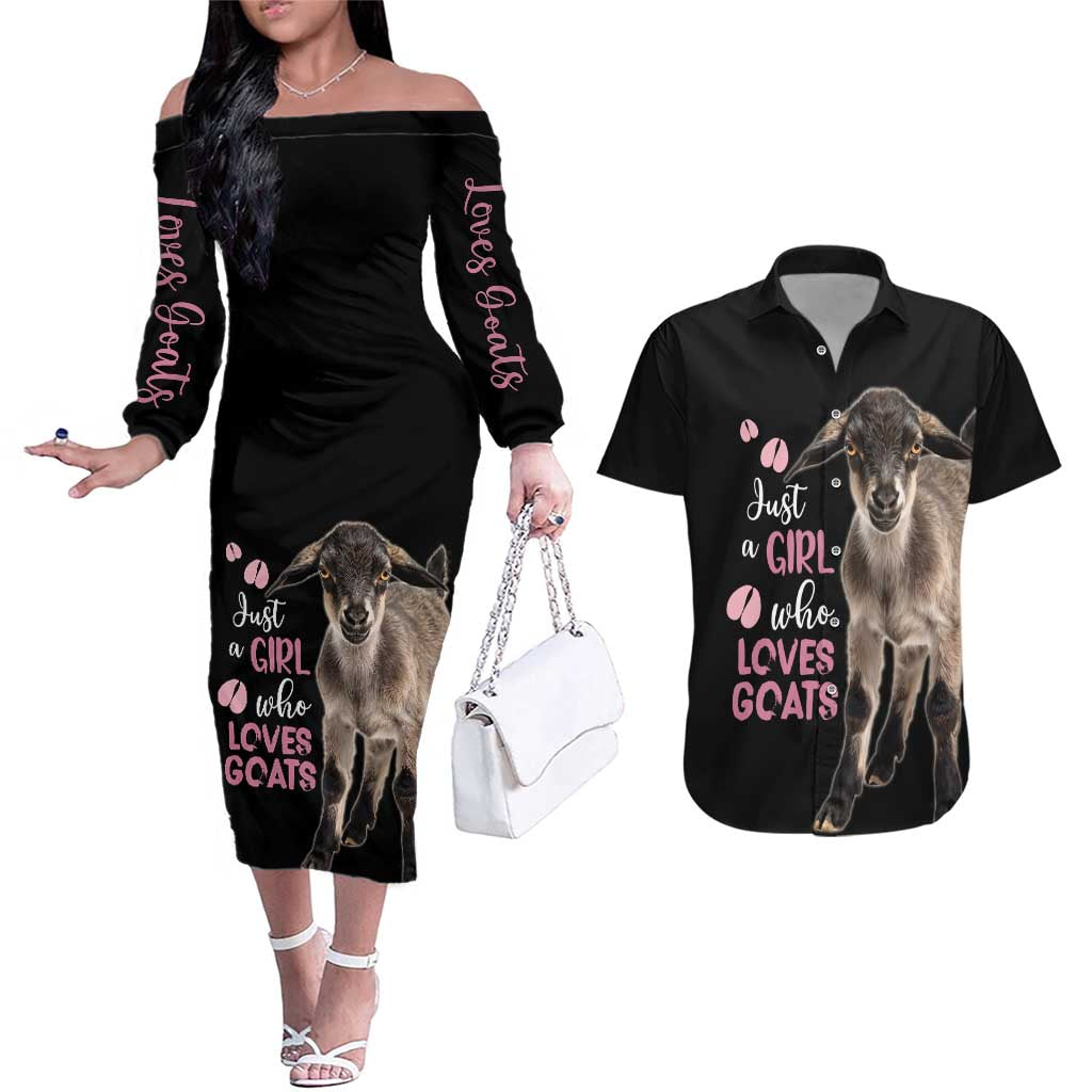 Who Loves Goat Just A Girl Christmas Trees Christmas Christmas Couples Matching Off The Shoulder Long Sleeve Dress and Hawaiian Shirt Xmas Holiday Patterns - Wonder Print Shop