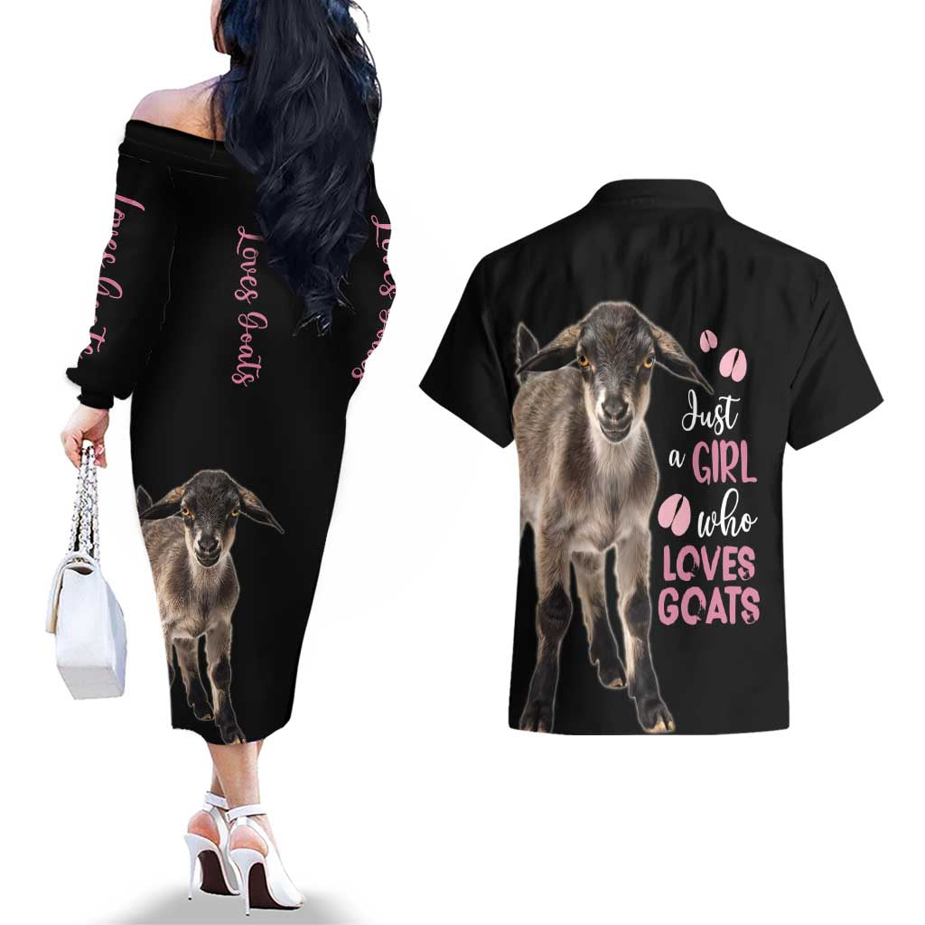 Who Loves Goat Just A Girl Christmas Trees Christmas Christmas Couples Matching Off The Shoulder Long Sleeve Dress and Hawaiian Shirt Xmas Holiday Patterns - Wonder Print Shop
