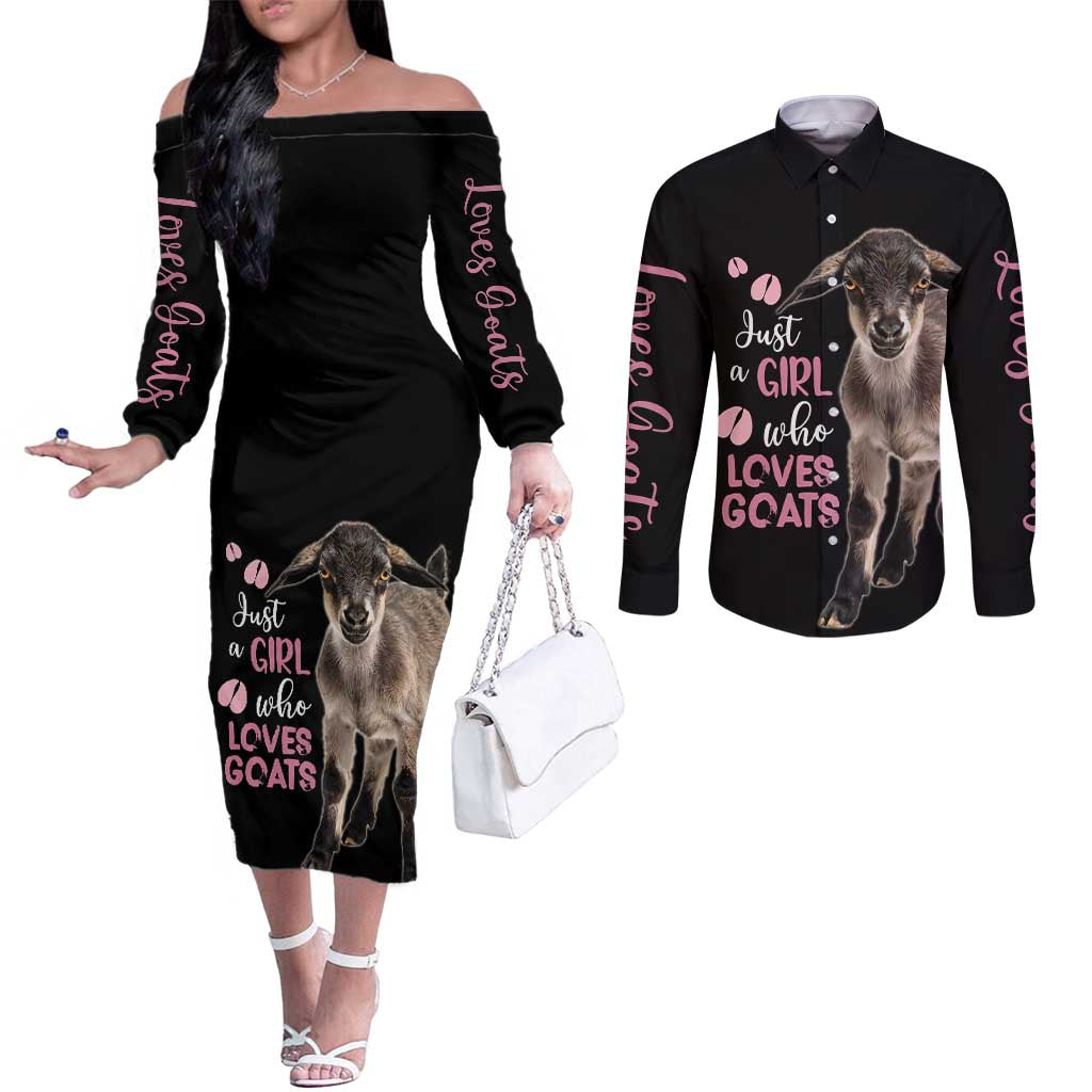 Who Loves Goat Just A Girl Christmas Trees Christmas Christmas Couples Matching Off The Shoulder Long Sleeve Dress and Long Sleeve Button Shirt Xmas Holiday Patterns - Wonder Print Shop