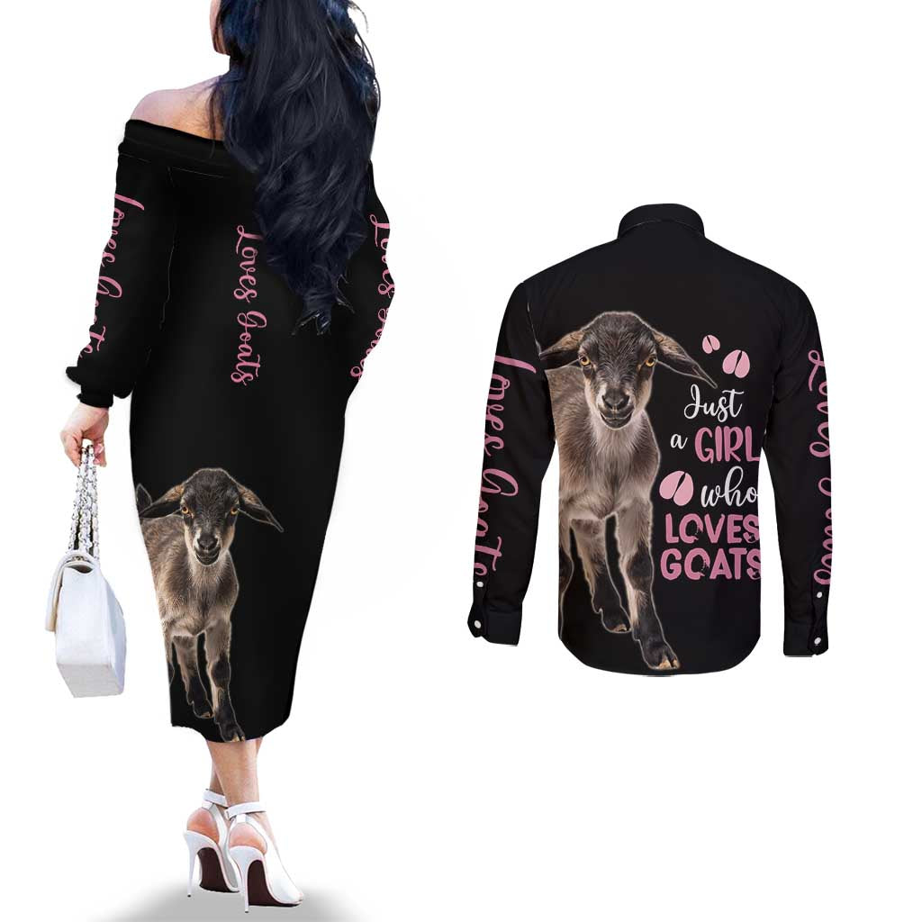 Who Loves Goat Just A Girl Christmas Trees Christmas Christmas Couples Matching Off The Shoulder Long Sleeve Dress and Long Sleeve Button Shirt Xmas Holiday Patterns - Wonder Print Shop