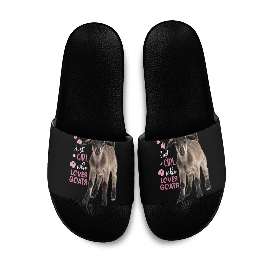 Who Loves Goat Just A Girl Christmas Trees Christmas Christmas Slide Sandals Xmas Holiday Patterns - Wonder Print Shop