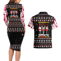 Wine Red Christmas Christmas Christmas Couples Matching Long Sleeve Bodycon Dress and Hawaiian Shirt Xmas Holiday Patterns - Wonder Print Shop