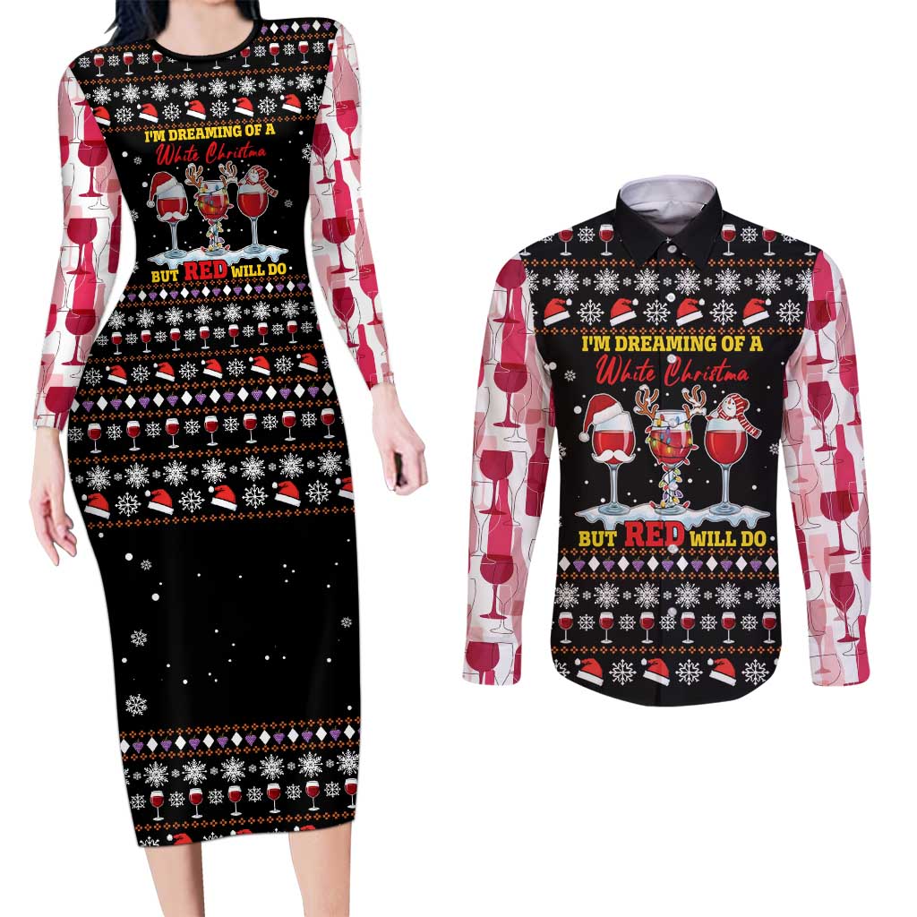 Wine Red Christmas Christmas Christmas Couples Matching Long Sleeve Bodycon Dress and Long Sleeve Button Shirt Xmas Holiday Patterns - Wonder Print Shop