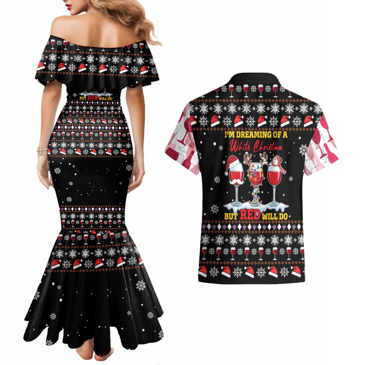 Wine Red Christmas Christmas Christmas Couples Matching Mermaid Dress and Hawaiian Shirt Xmas Holiday Patterns - Wonder Print Shop