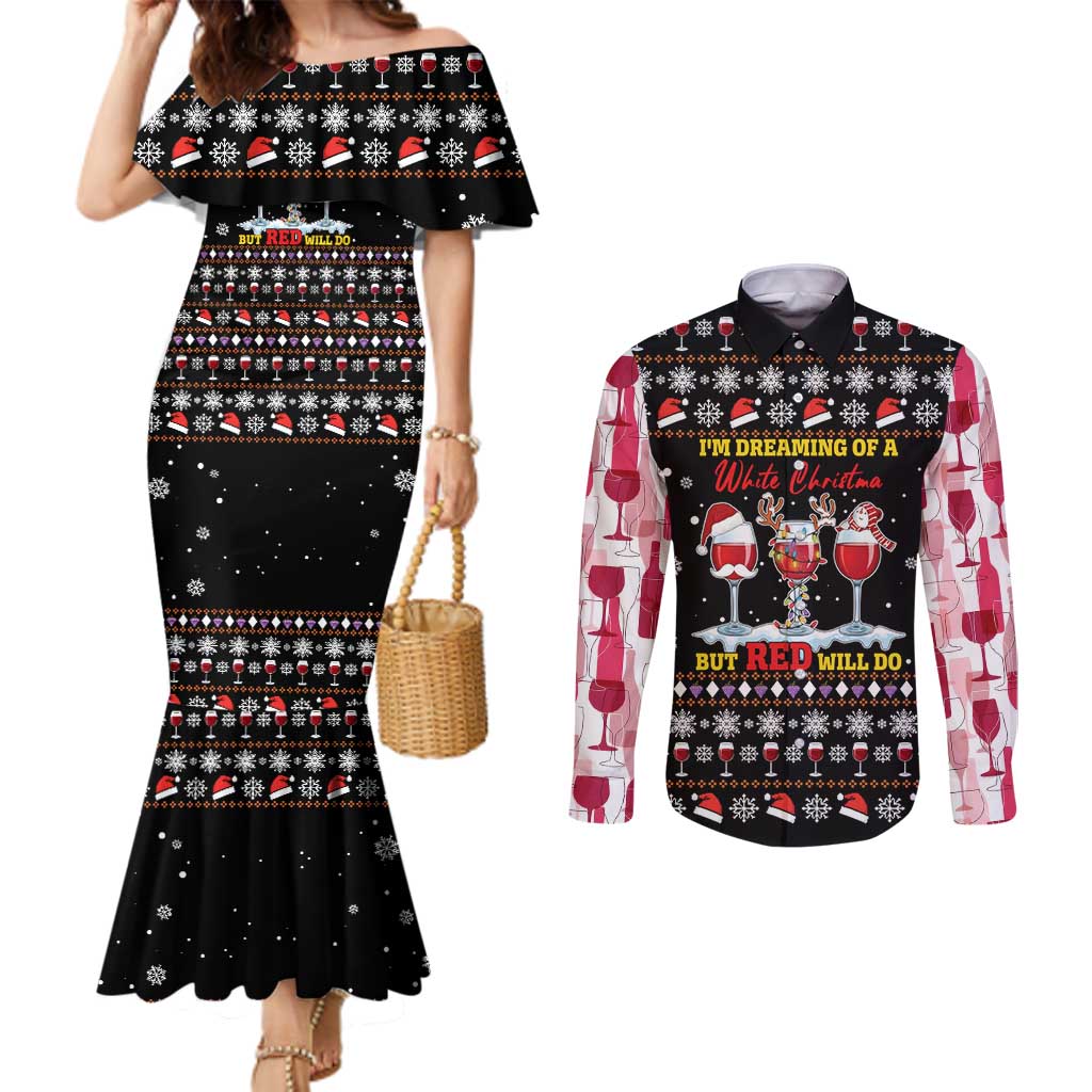 Wine Red Christmas Christmas Christmas Couples Matching Mermaid Dress and Long Sleeve Button Shirt Xmas Holiday Patterns - Wonder Print Shop