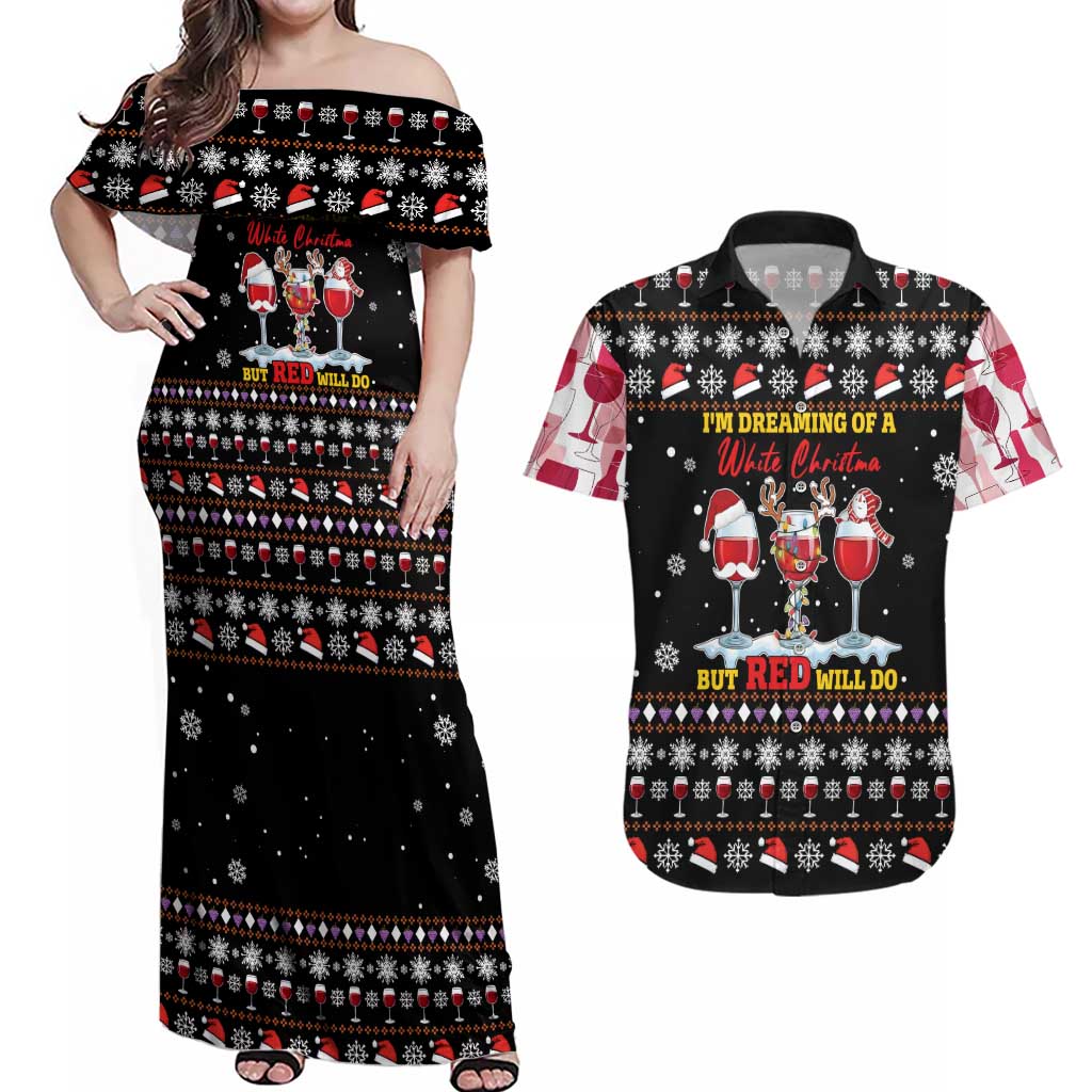 Wine Red Christmas Christmas Christmas Couples Matching Off Shoulder Maxi Dress and Hawaiian Shirt Xmas Holiday Patterns - Wonder Print Shop