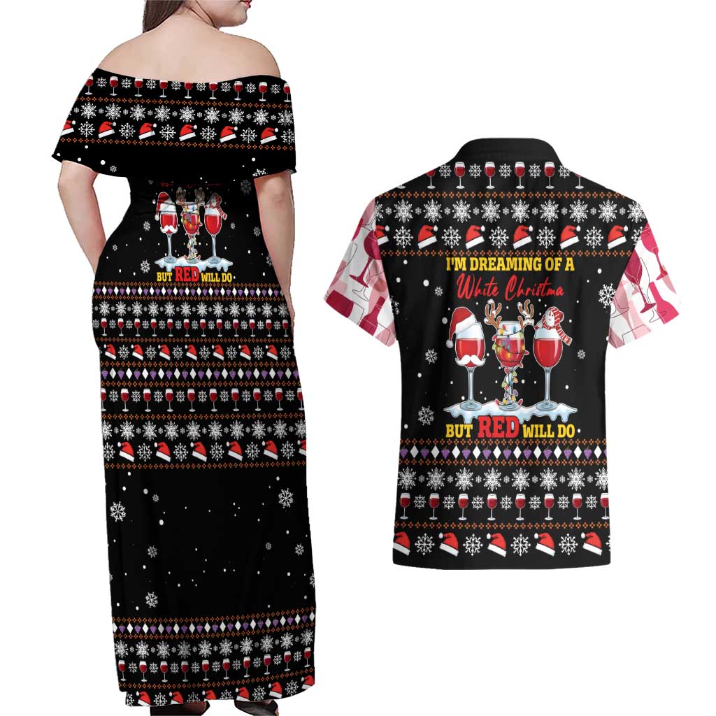 Wine Red Christmas Christmas Christmas Couples Matching Off Shoulder Maxi Dress and Hawaiian Shirt Xmas Holiday Patterns - Wonder Print Shop