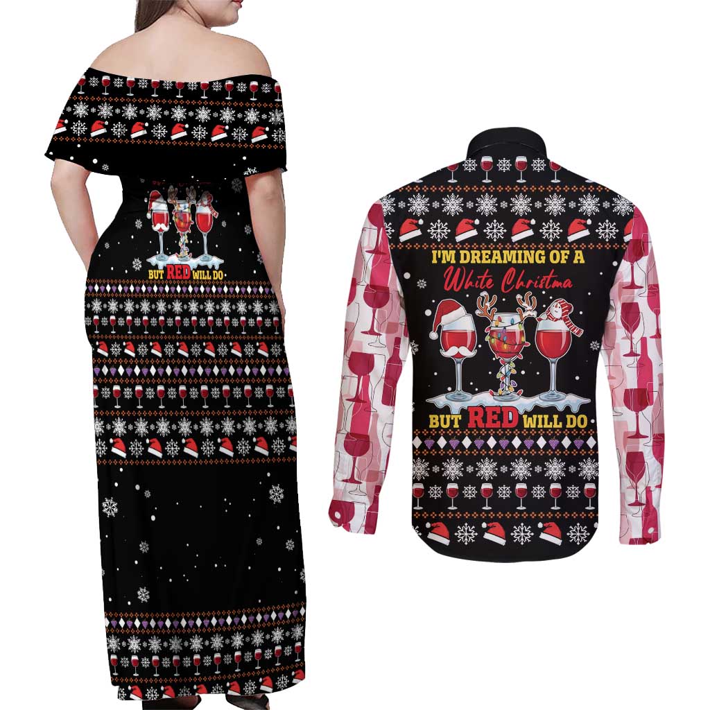 Wine Red Christmas Christmas Christmas Couples Matching Off Shoulder Maxi Dress and Long Sleeve Button Shirt Xmas Holiday Patterns - Wonder Print Shop