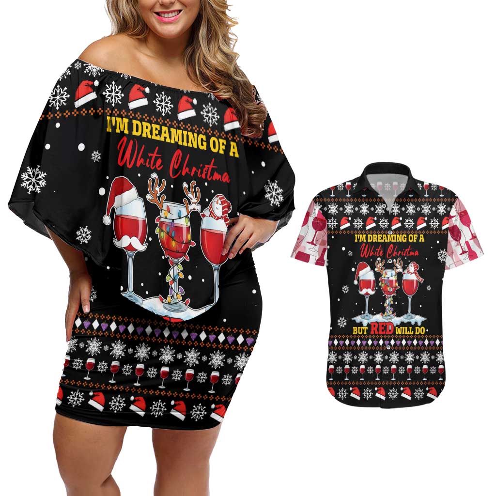 Wine Red Christmas Christmas Christmas Couples Matching Off Shoulder Short Dress and Hawaiian Shirt Xmas Holiday Patterns - Wonder Print Shop