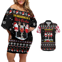 Wine Red Christmas Christmas Christmas Couples Matching Off Shoulder Short Dress and Hawaiian Shirt Xmas Holiday Patterns - Wonder Print Shop