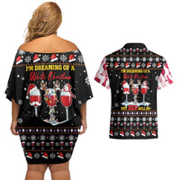 Wine Red Christmas Christmas Christmas Couples Matching Off Shoulder Short Dress and Hawaiian Shirt Xmas Holiday Patterns - Wonder Print Shop