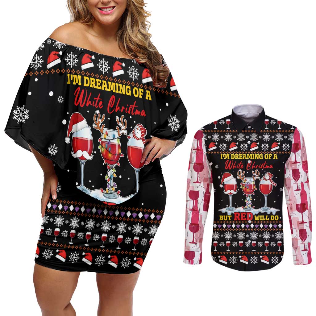 Wine Red Christmas Christmas Christmas Couples Matching Off Shoulder Short Dress and Long Sleeve Button Shirt Xmas Holiday Patterns - Wonder Print Shop