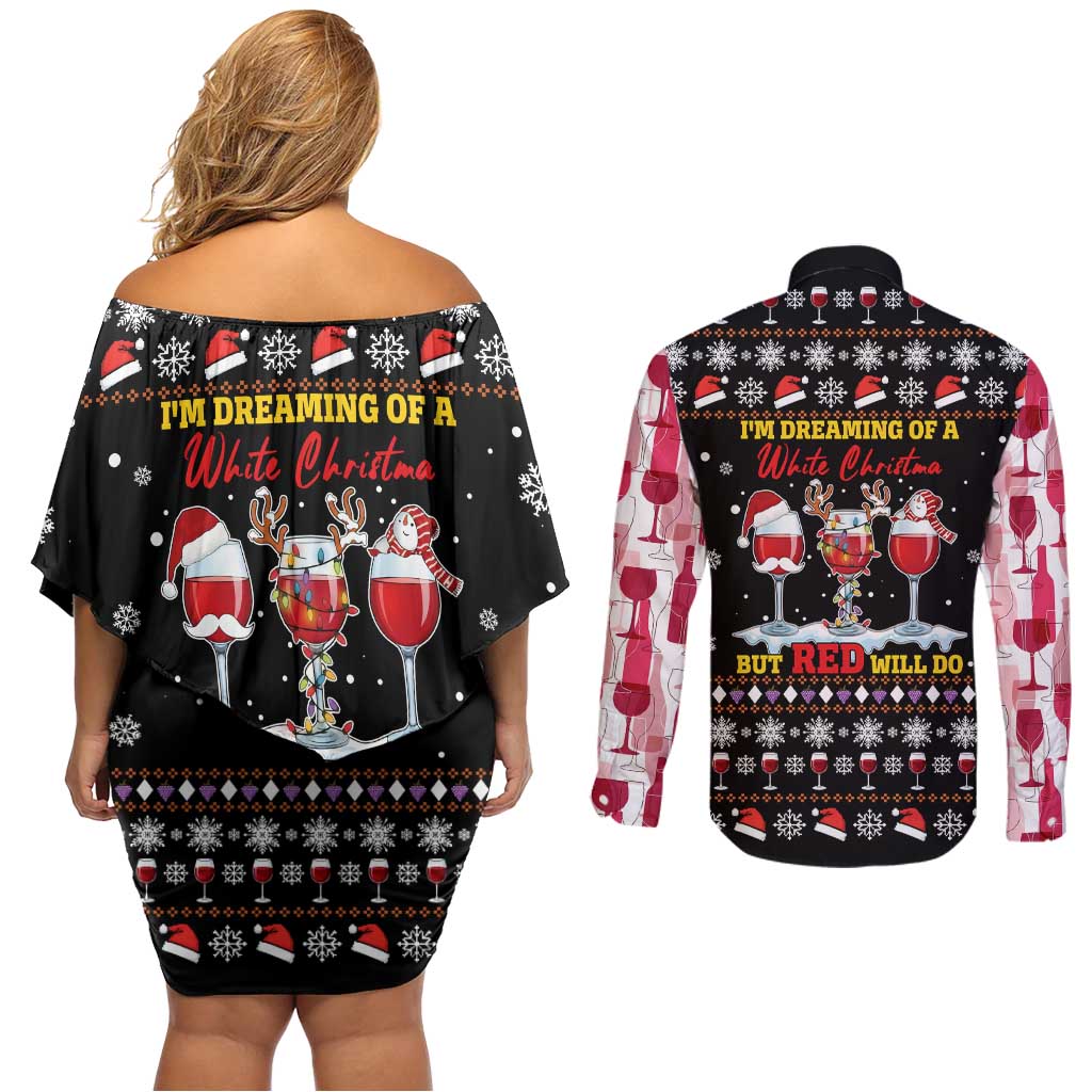 Wine Red Christmas Christmas Christmas Couples Matching Off Shoulder Short Dress and Long Sleeve Button Shirt Xmas Holiday Patterns - Wonder Print Shop