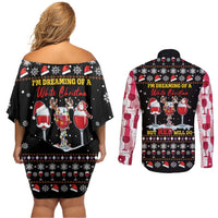 Wine Red Christmas Christmas Christmas Couples Matching Off Shoulder Short Dress and Long Sleeve Button Shirt Xmas Holiday Patterns - Wonder Print Shop