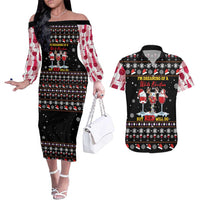 Wine Red Christmas Christmas Christmas Couples Matching Off The Shoulder Long Sleeve Dress and Hawaiian Shirt Xmas Holiday Patterns - Wonder Print Shop