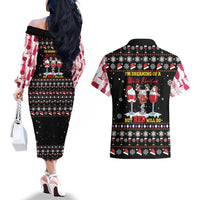 Wine Red Christmas Christmas Christmas Couples Matching Off The Shoulder Long Sleeve Dress and Hawaiian Shirt Xmas Holiday Patterns - Wonder Print Shop