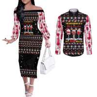 Wine Red Christmas Christmas Christmas Couples Matching Off The Shoulder Long Sleeve Dress and Long Sleeve Button Shirt Xmas Holiday Patterns - Wonder Print Shop