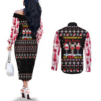Wine Red Christmas Christmas Christmas Couples Matching Off The Shoulder Long Sleeve Dress and Long Sleeve Button Shirt Xmas Holiday Patterns - Wonder Print Shop