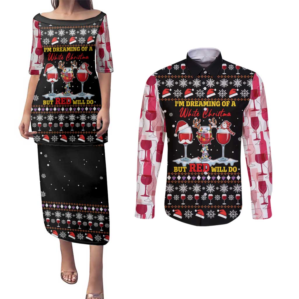 Wine Red Christmas Christmas Christmas Couples Matching Puletasi and Long Sleeve Button Shirt Xmas Holiday Patterns - Wonder Print Shop