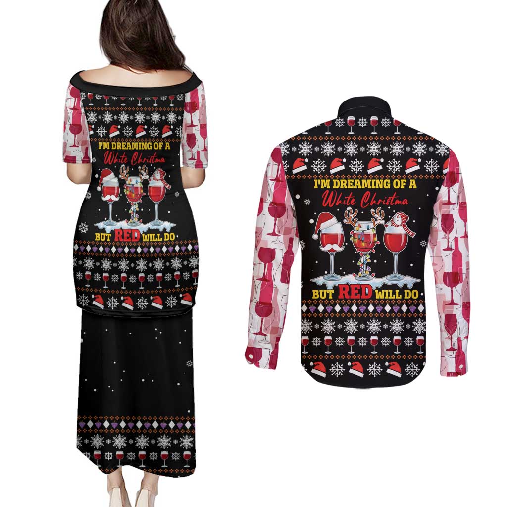 Wine Red Christmas Christmas Christmas Couples Matching Puletasi and Long Sleeve Button Shirt Xmas Holiday Patterns - Wonder Print Shop