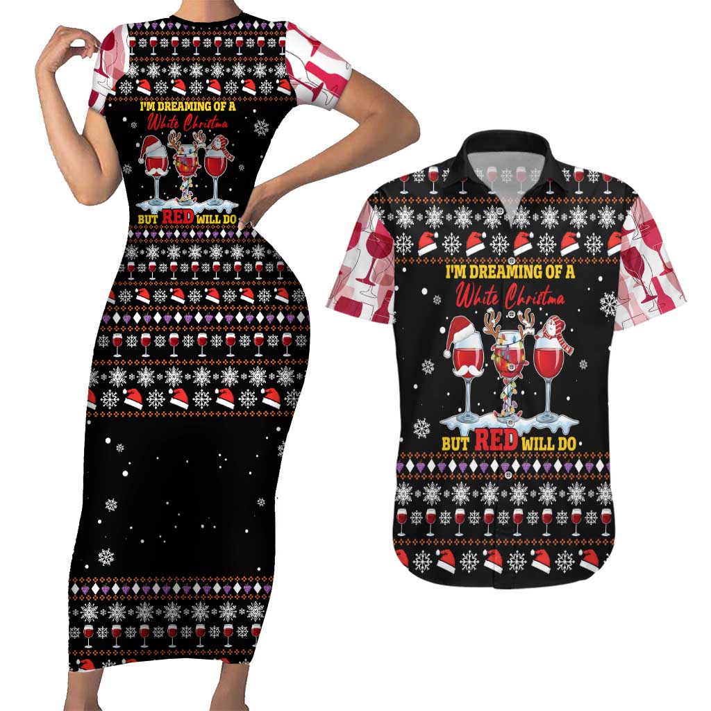 Wine Red Christmas Christmas Christmas Couples Matching Short Sleeve Bodycon Dress and Hawaiian Shirt Xmas Holiday Patterns - Wonder Print Shop