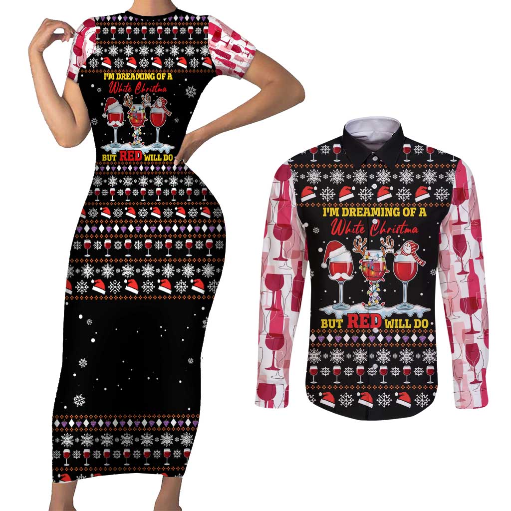 Wine Red Christmas Christmas Christmas Couples Matching Short Sleeve Bodycon Dress and Long Sleeve Button Shirt Xmas Holiday Patterns - Wonder Print Shop