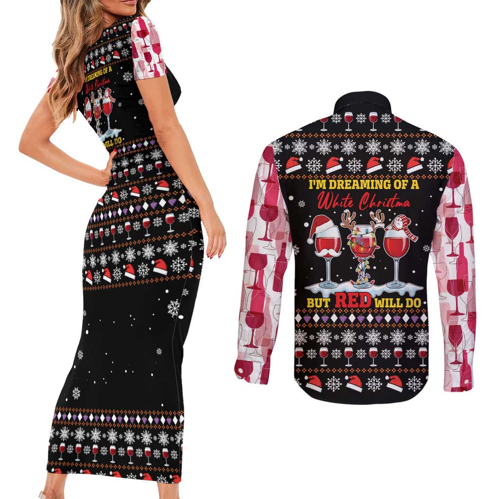 Wine Red Christmas Christmas Christmas Couples Matching Short Sleeve Bodycon Dress and Long Sleeve Button Shirt Xmas Holiday Patterns - Wonder Print Shop