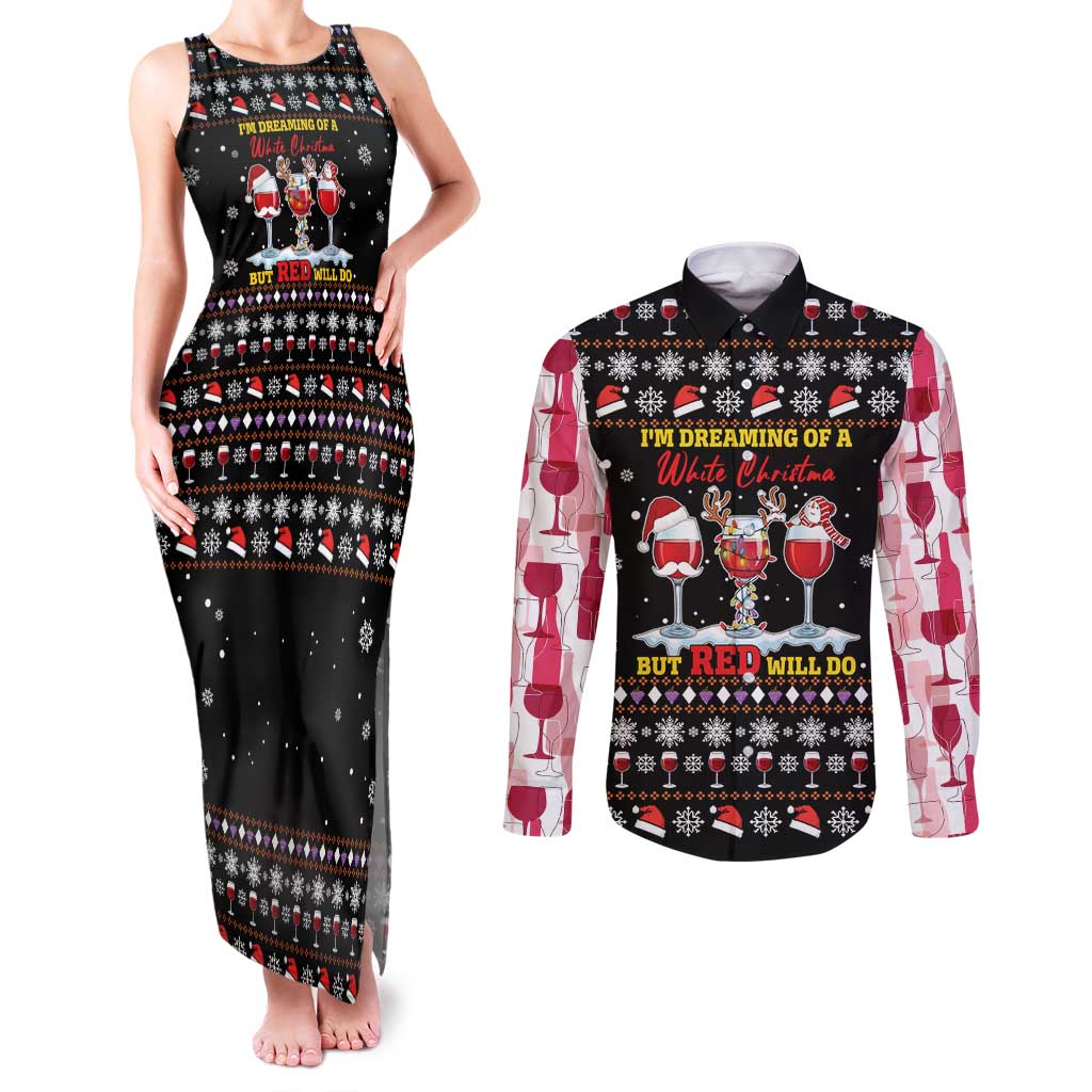 Wine Red Christmas Christmas Christmas Couples Matching Tank Maxi Dress and Long Sleeve Button Shirt Xmas Holiday Patterns - Wonder Print Shop
