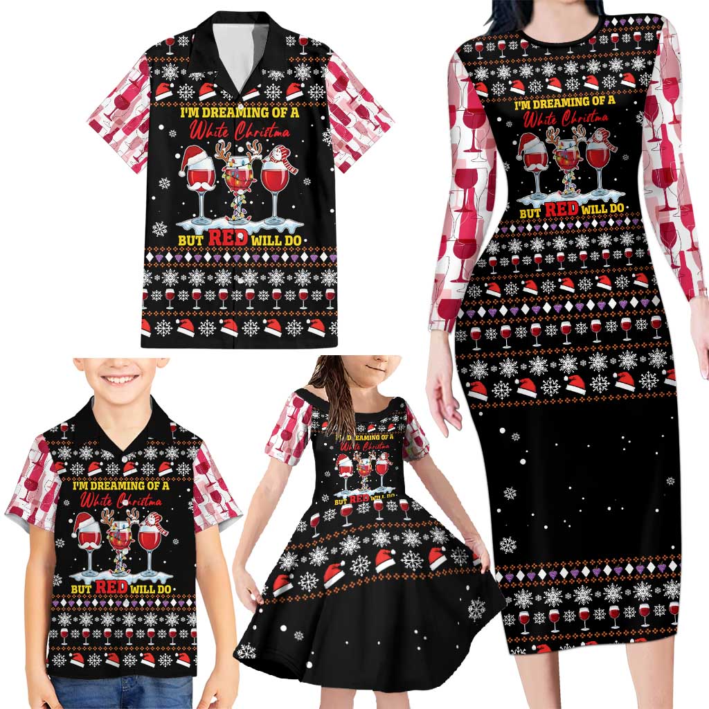 Wine Red Christmas Christmas Christmas Family Matching Long Sleeve Bodycon Dress and Hawaiian Shirt Xmas Holiday Patterns - Wonder Print Shop