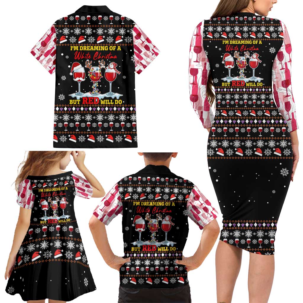 Wine Red Christmas Christmas Christmas Family Matching Long Sleeve Bodycon Dress and Hawaiian Shirt Xmas Holiday Patterns - Wonder Print Shop