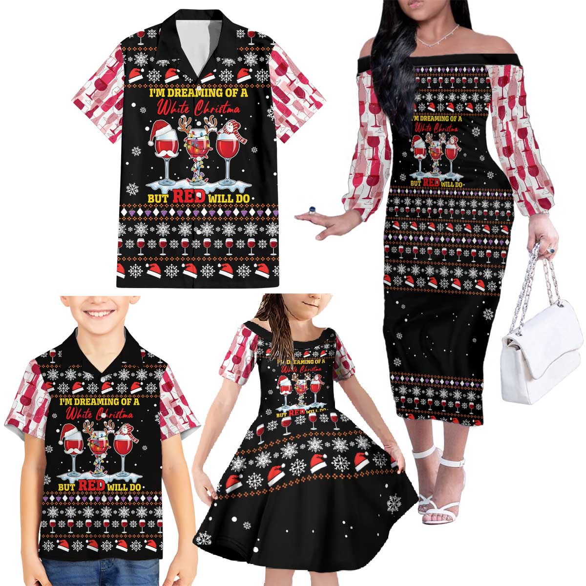 Wine Red Christmas Christmas Christmas Family Matching Off The Shoulder Long Sleeve Dress and Hawaiian Shirt Xmas Holiday Patterns - Wonder Print Shop