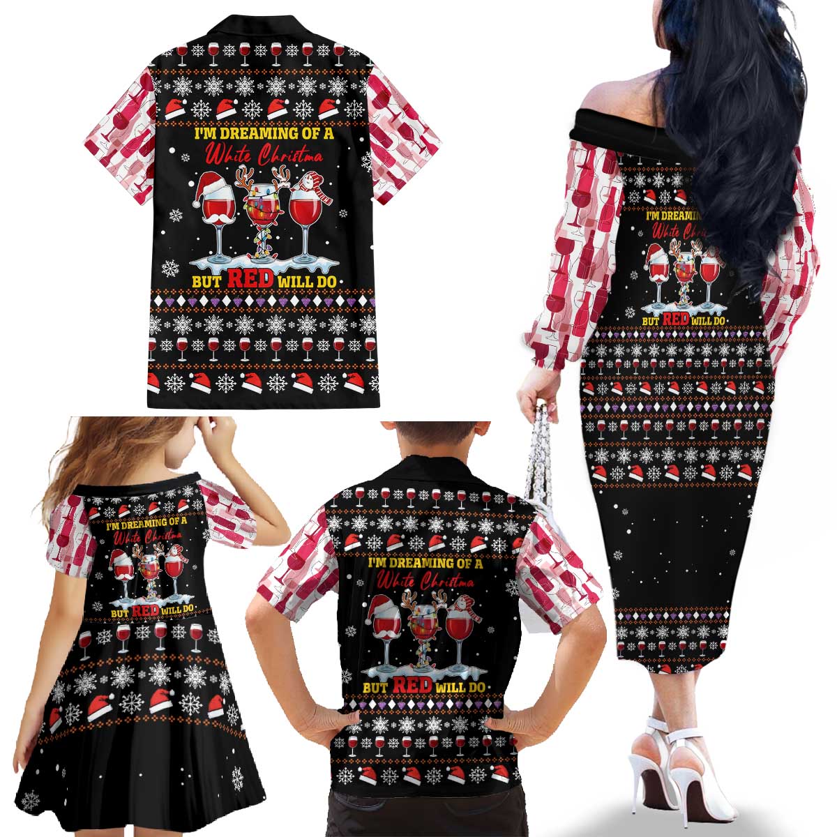 Wine Red Christmas Christmas Christmas Family Matching Off The Shoulder Long Sleeve Dress and Hawaiian Shirt Xmas Holiday Patterns - Wonder Print Shop