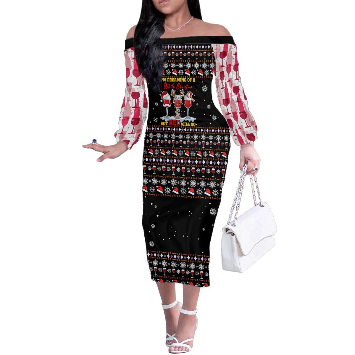 Wine Red Christmas Christmas Christmas Family Matching Off The Shoulder Long Sleeve Dress and Hawaiian Shirt Xmas Holiday Patterns - Wonder Print Shop