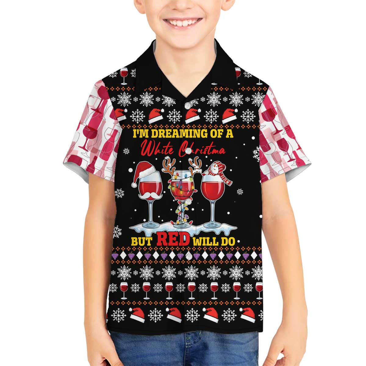 Wine Red Christmas Christmas Christmas Family Matching Off The Shoulder Long Sleeve Dress and Hawaiian Shirt Xmas Holiday Patterns - Wonder Print Shop