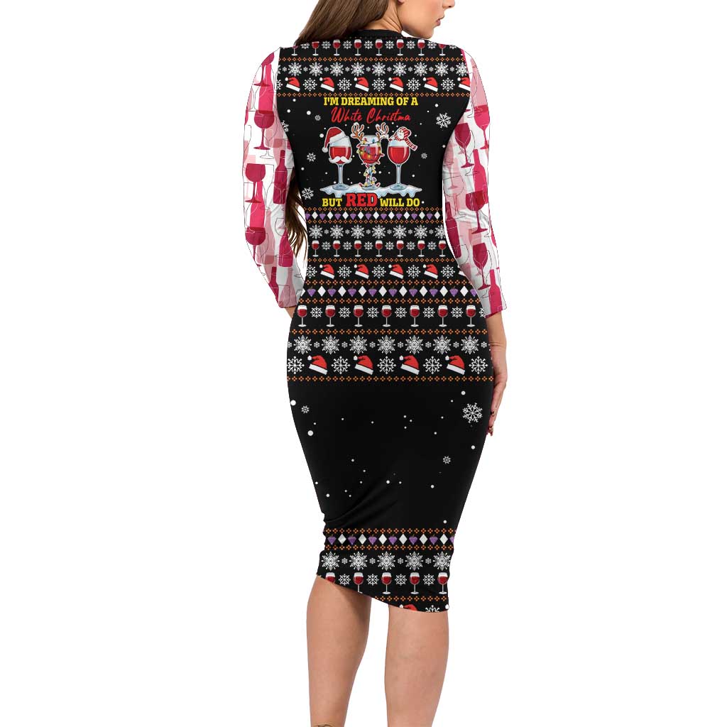 Wine Red Christmas Christmas Christmas Long Sleeve Bodycon Dress Xmas Holiday Patterns - Wonder Print Shop