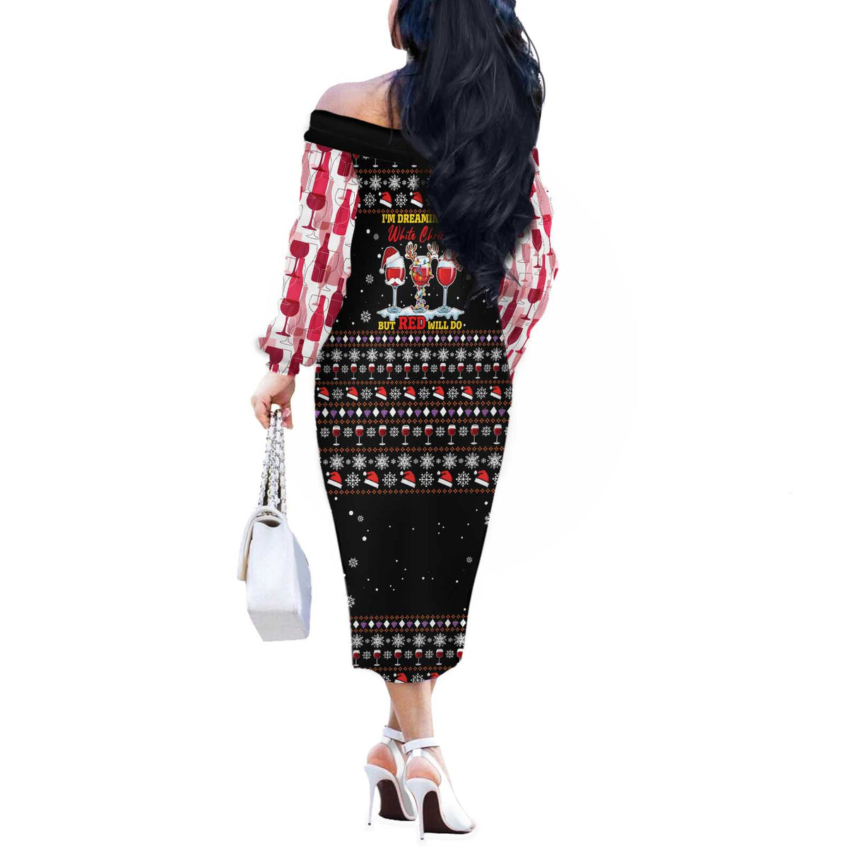 Wine Red Christmas Christmas Christmas Off The Shoulder Long Sleeve Dress Xmas Holiday Patterns - Wonder Print Shop