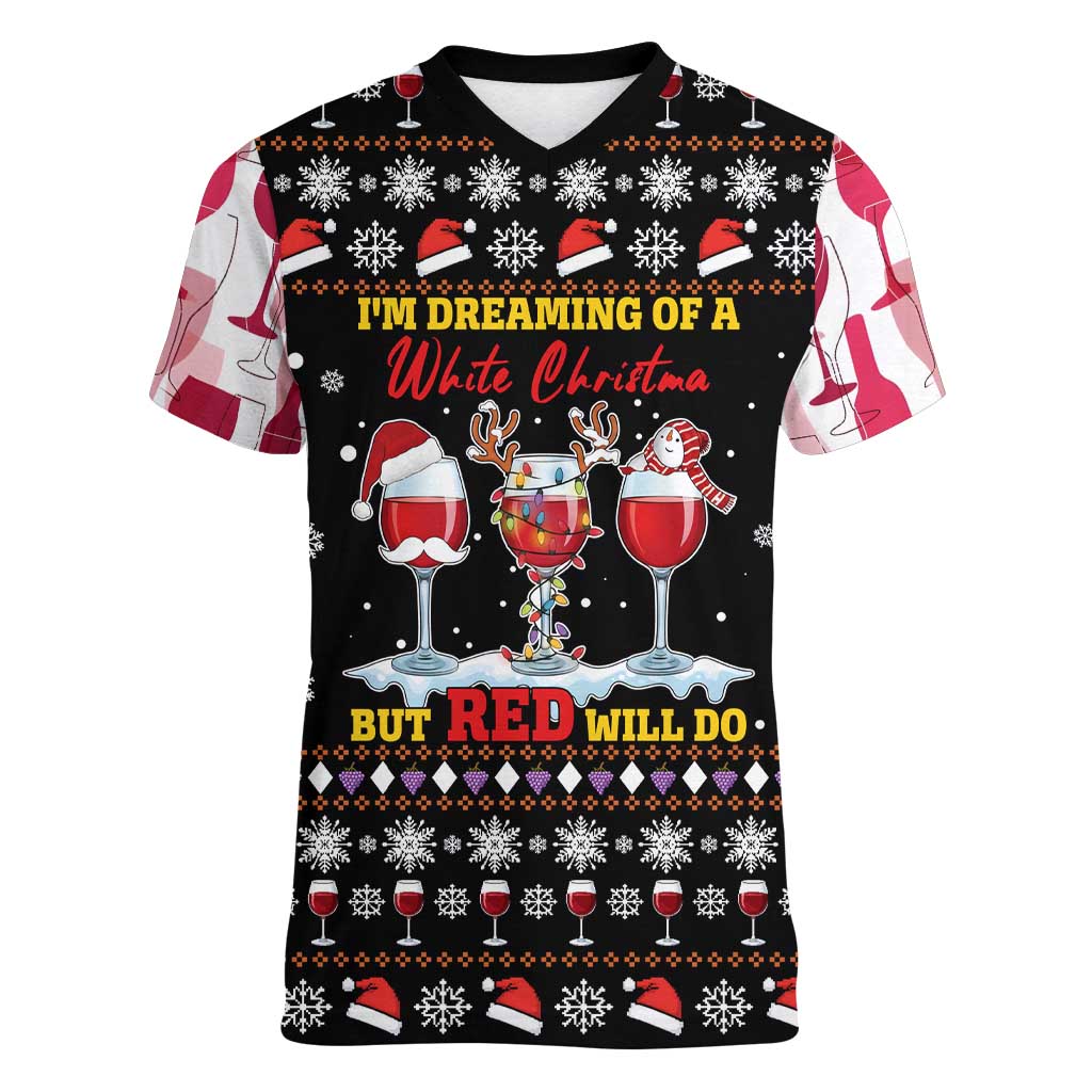 Wine Red Christmas Christmas Christmas Women V-Neck T-Shirt Xmas Holiday Patterns - Wonder Print Shop