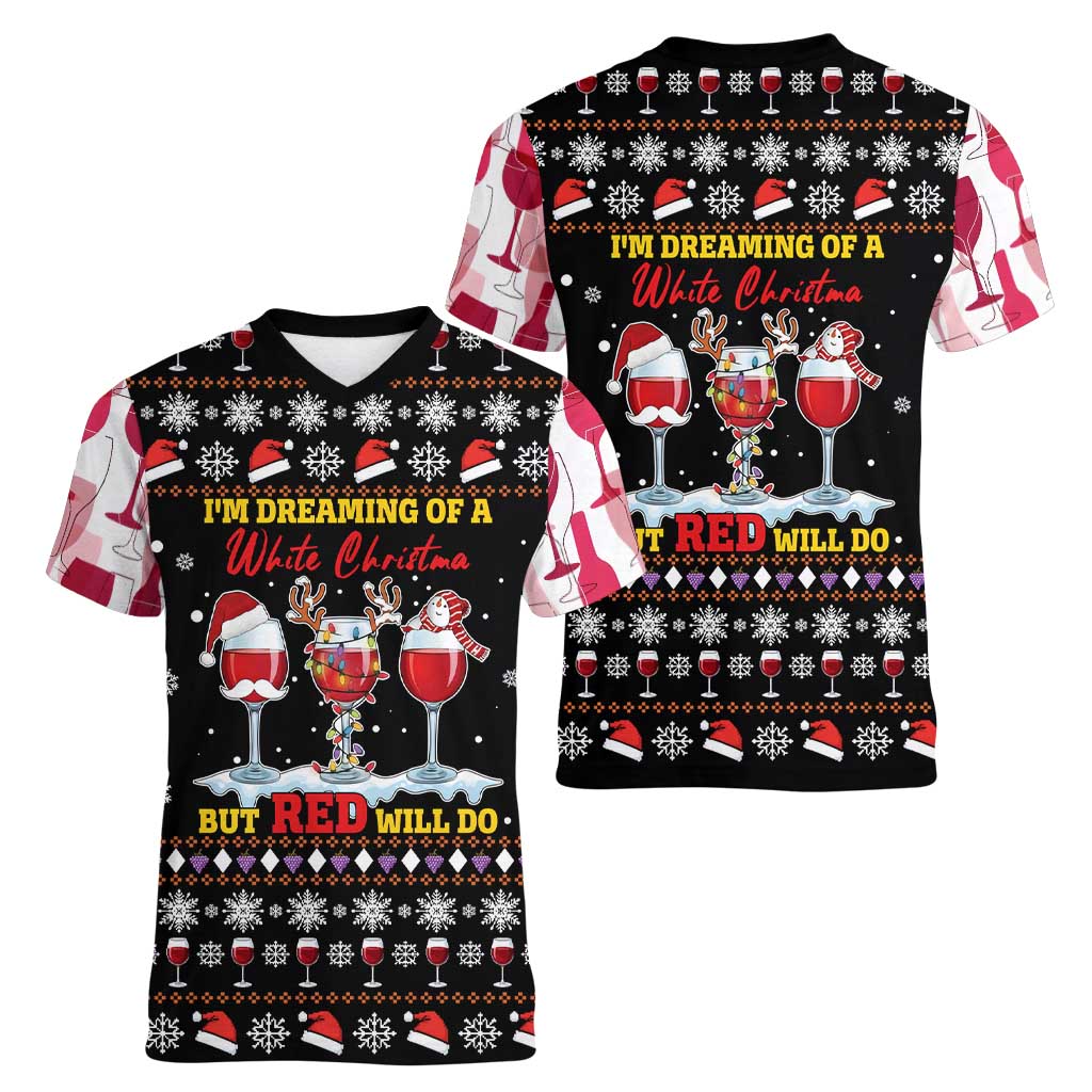 Wine Red Christmas Christmas Christmas Women V-Neck T-Shirt Xmas Holiday Patterns - Wonder Print Shop