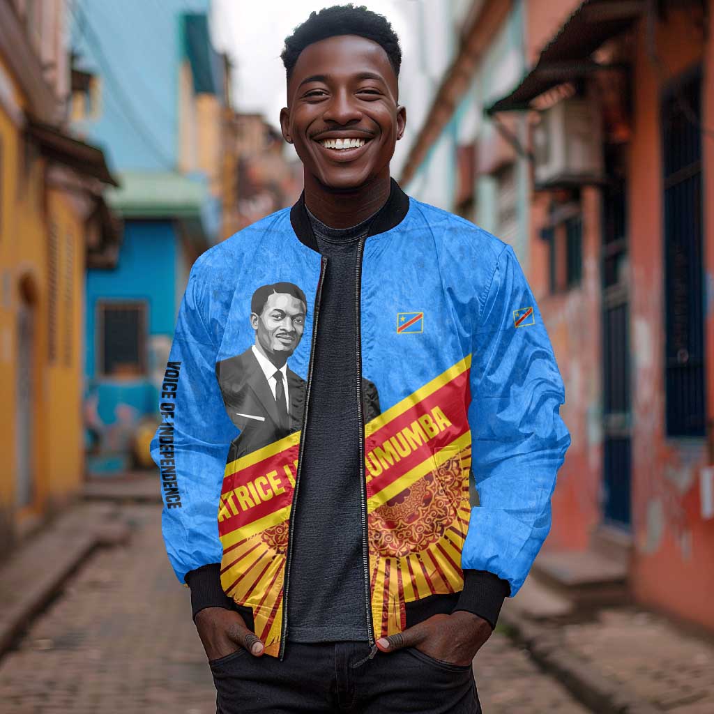 Patrice Lumumba Bomber Jacket with Congolese Flag Colors and African History Quote - Wonder Print Shop