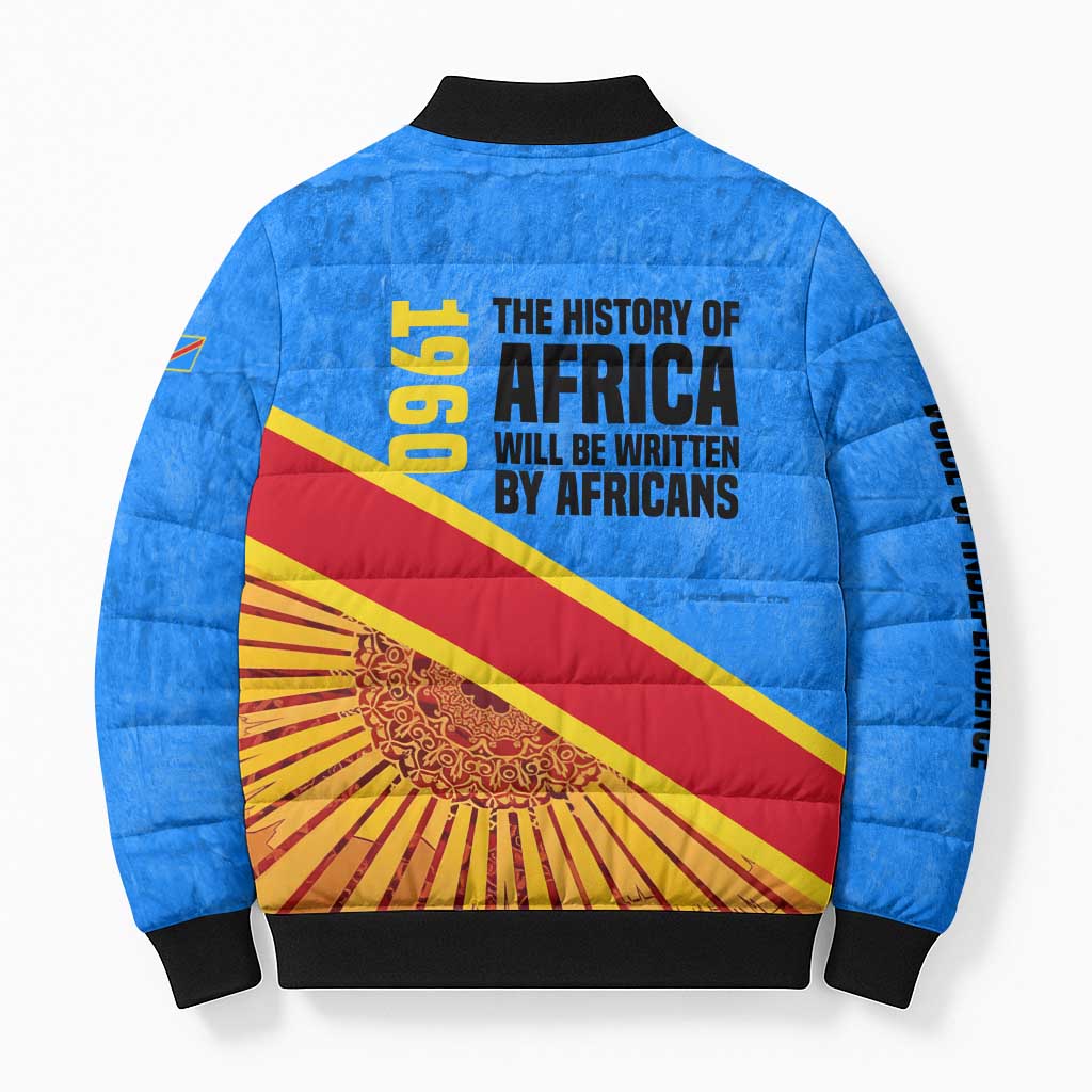 Patrice Lumumba Bomber Puffer Jacket with Congolese Flag Colors and African History Quote - Wonder Print Shop