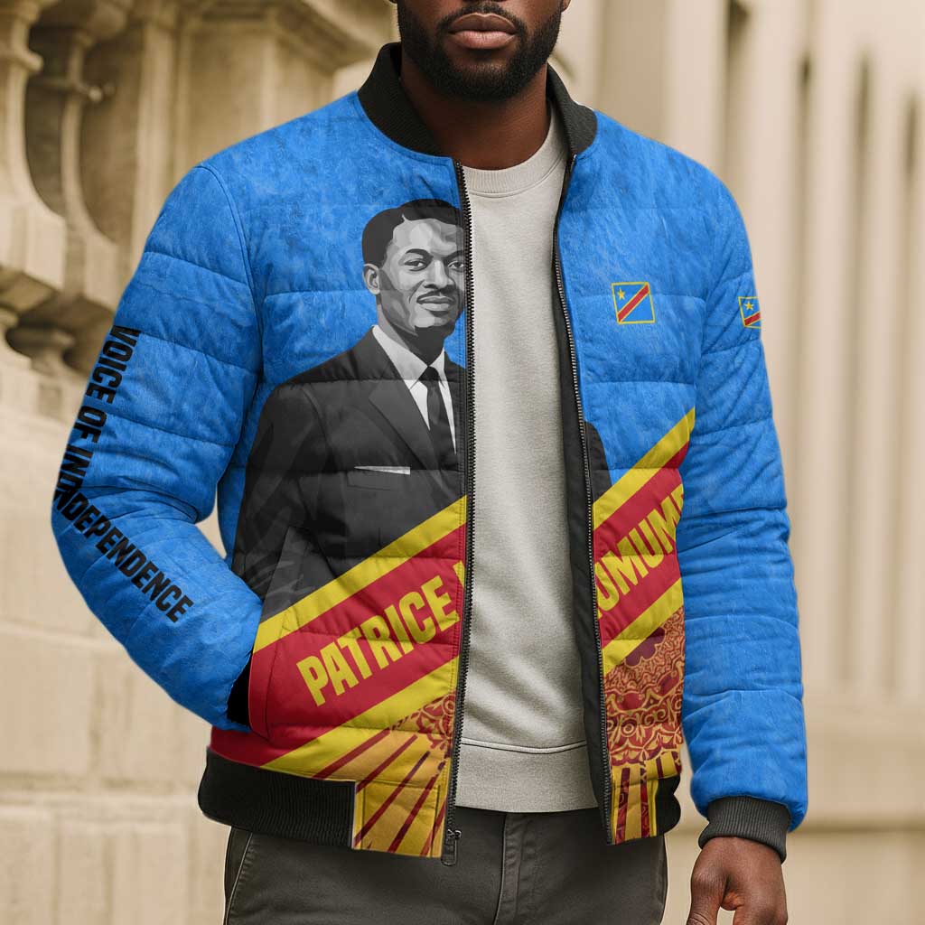 Patrice Lumumba Bomber Puffer Jacket with Congolese Flag Colors and African History Quote - Wonder Print Shop