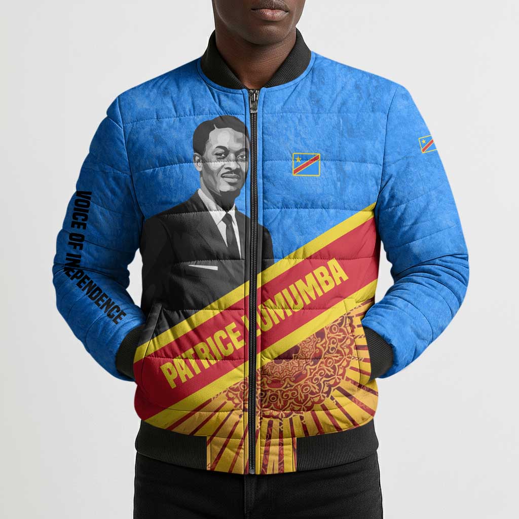 Patrice Lumumba Bomber Puffer Jacket with Congolese Flag Colors and African History Quote - Wonder Print Shop
