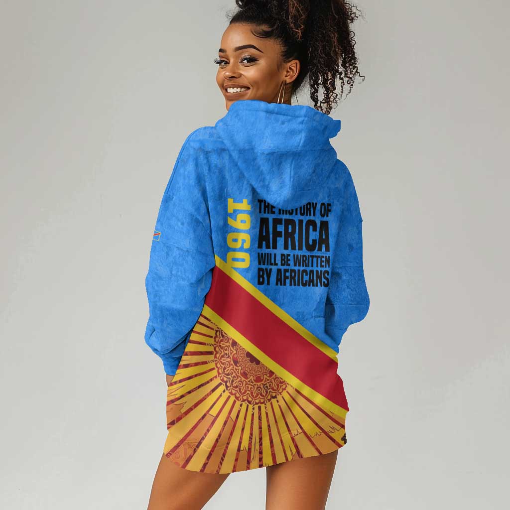Patrice Lumumba Hoodie Dress with Congolese Flag Colors and African History Quote - Wonder Print Shop