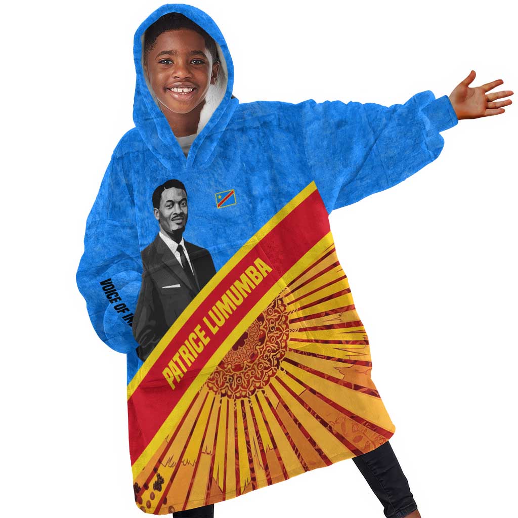 Patrice Lumumba Kid Wearable Blanket Hoodie with Congolese Flag Colors and African History Quote - Wonder Print Shop