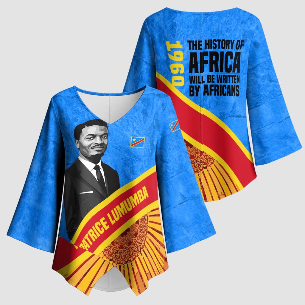 Patrice Lumumba Kimono Sleeve Blouse with Congolese Flag Colors and African History Quote - Wonder Print Shop