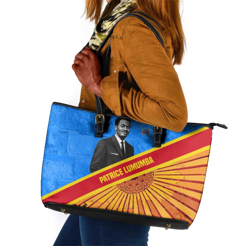 Patrice Lumumba Leather Tote Bag with Congolese Flag Colors and African History Quote - Wonder Print Shop
