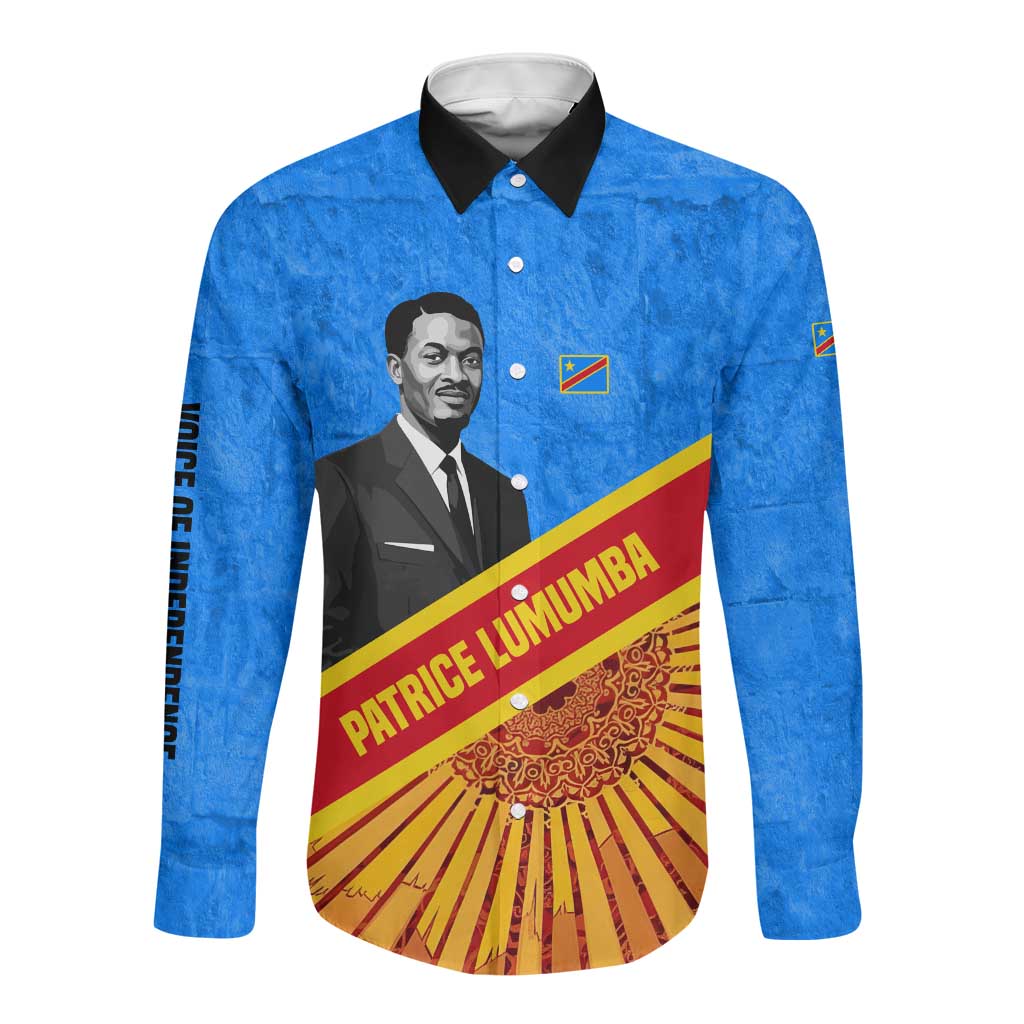 Patrice Lumumba Long Sleeve Button Shirt with Congolese Flag Colors and African History Quote - Wonder Print Shop