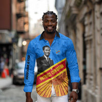 Patrice Lumumba Long Sleeve Button Shirt with Congolese Flag Colors and African History Quote - Wonder Print Shop